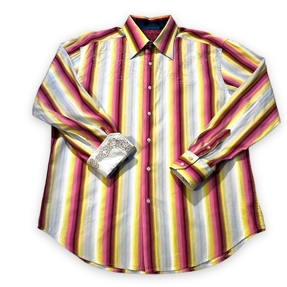 Robert Graham Button Up Shirt Flip Cuffs Colorful Stripes Embroidery Size 2XL - Picture 1 of 11